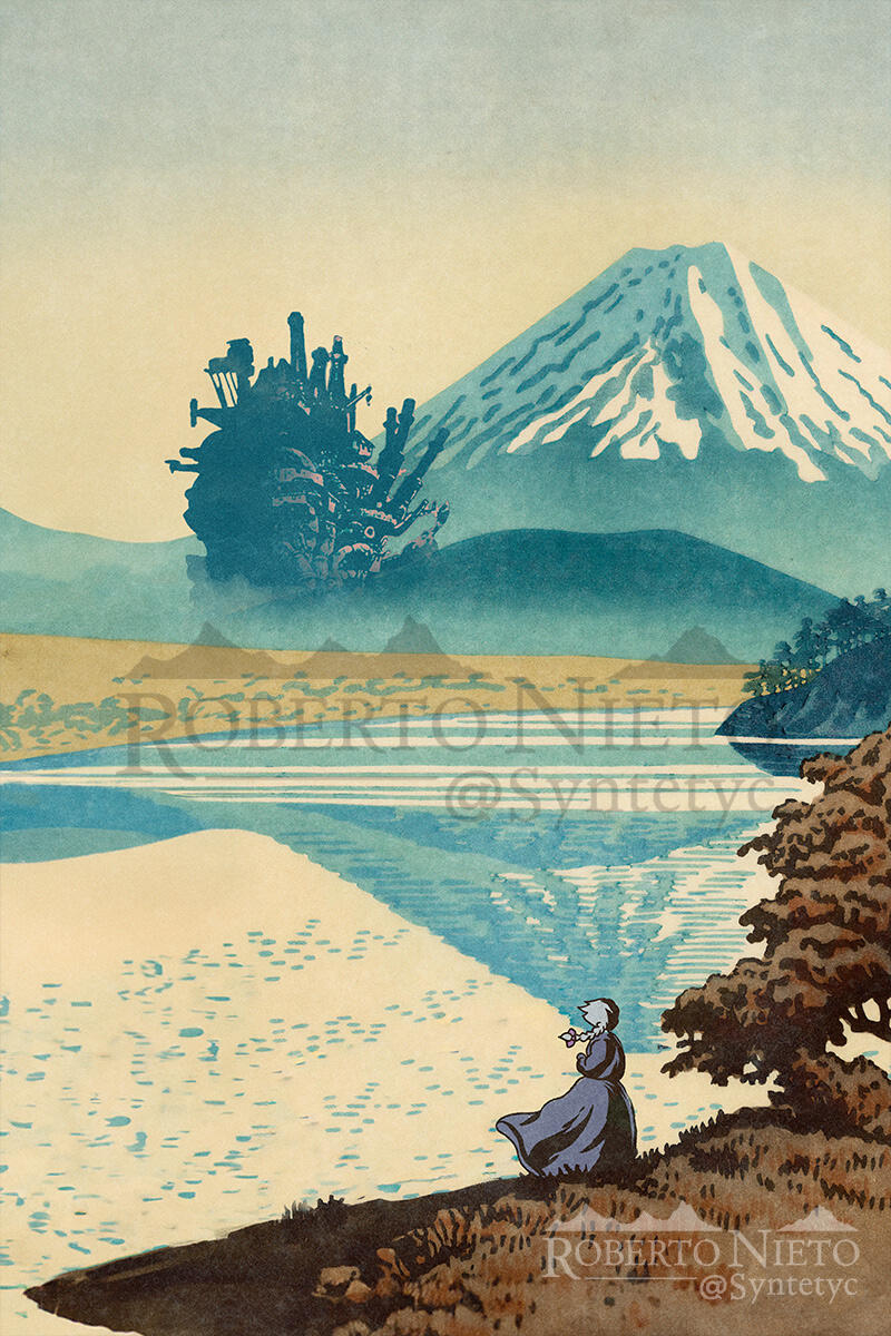 Howl's moving castle ghibli inspired illustration. Ukiyo-e style Ghibli artwork.