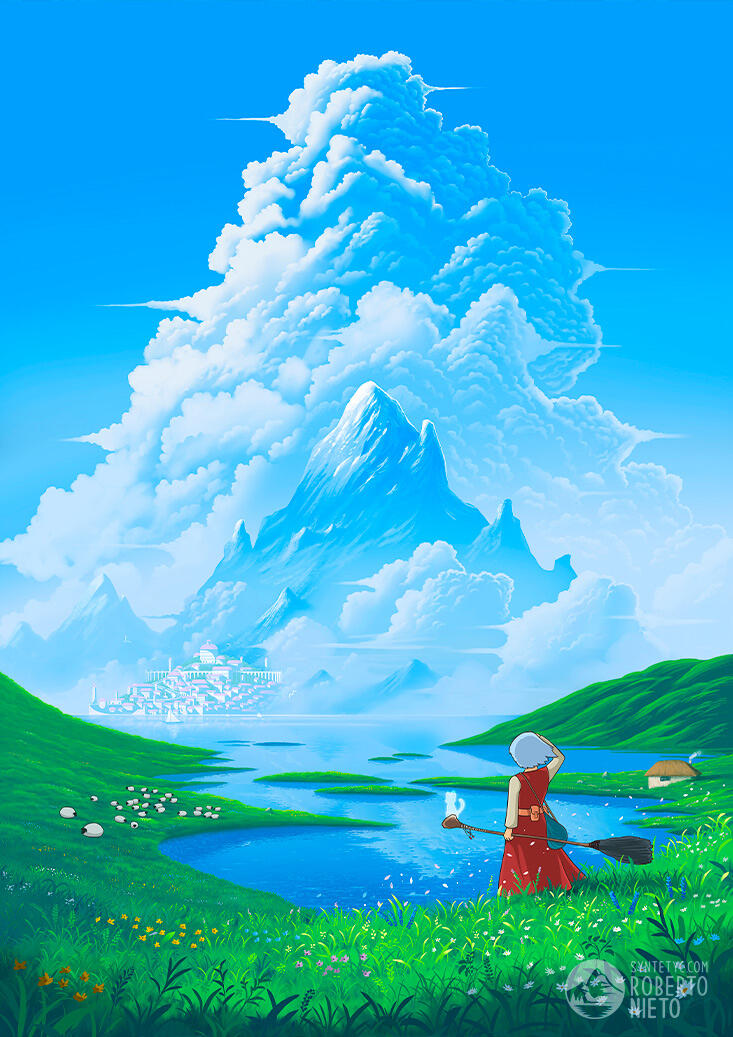 Anime style poster print. A beautiful and relaxing poster for your setup. A fantasy witch ghibli-style landscape.